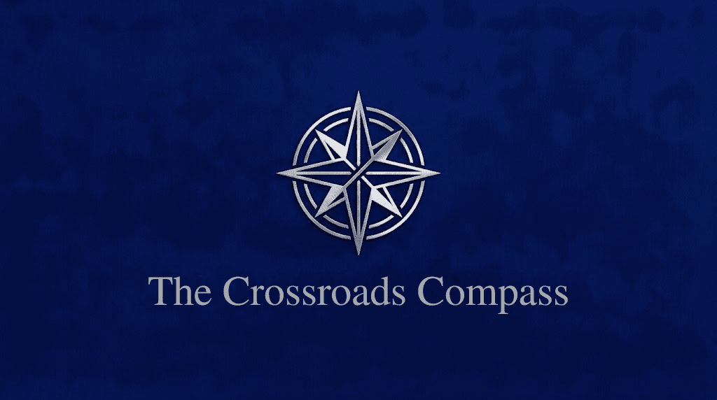 Silver metallic compass rose above the text 'The Crossroads Compass' on dark blue background.